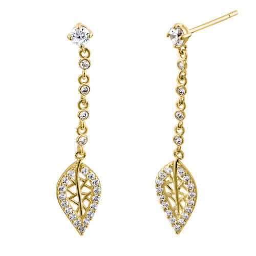 Solid 14K Yellow Gold  Leaf CZ Dangle Earrings