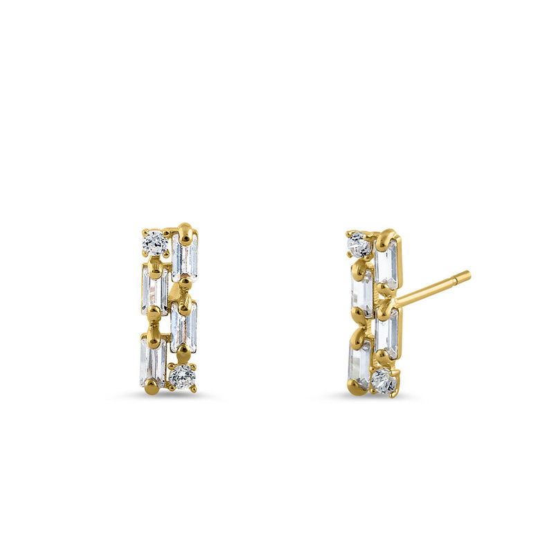 Solid 14K Yellow Gold Rectangular Round & Emerald Cut CZ Earrings