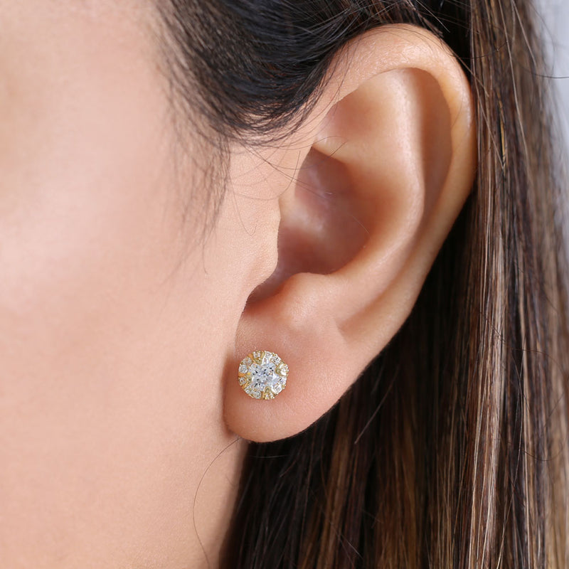 Solid 14K Yellow Gold Halo Round CZ Stud Earrings