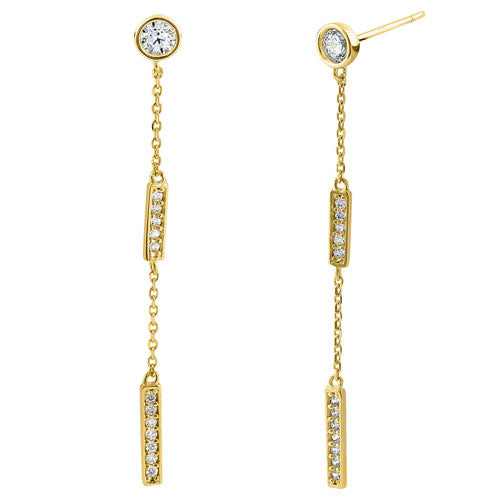 Solid 14K Yellow Gold  Rectangular Bar CZ Dangle Earrings