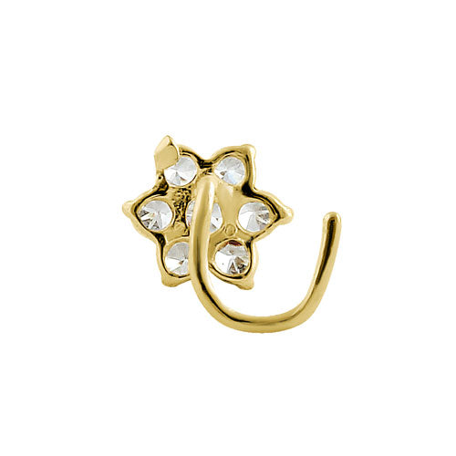 Solid 14K Yellow Gold Flower U-Hook CZ Nose Stud