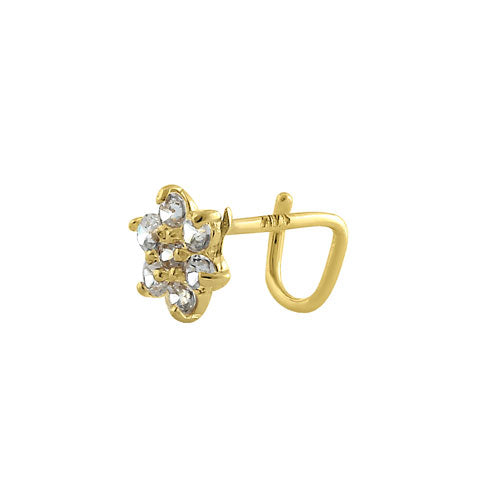 Solid 14K Yellow Gold Flower U-Hook CZ Nose Stud