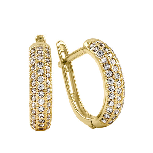 Solid 14K Yellow Gold Triple CZ Row Hoop Earrings