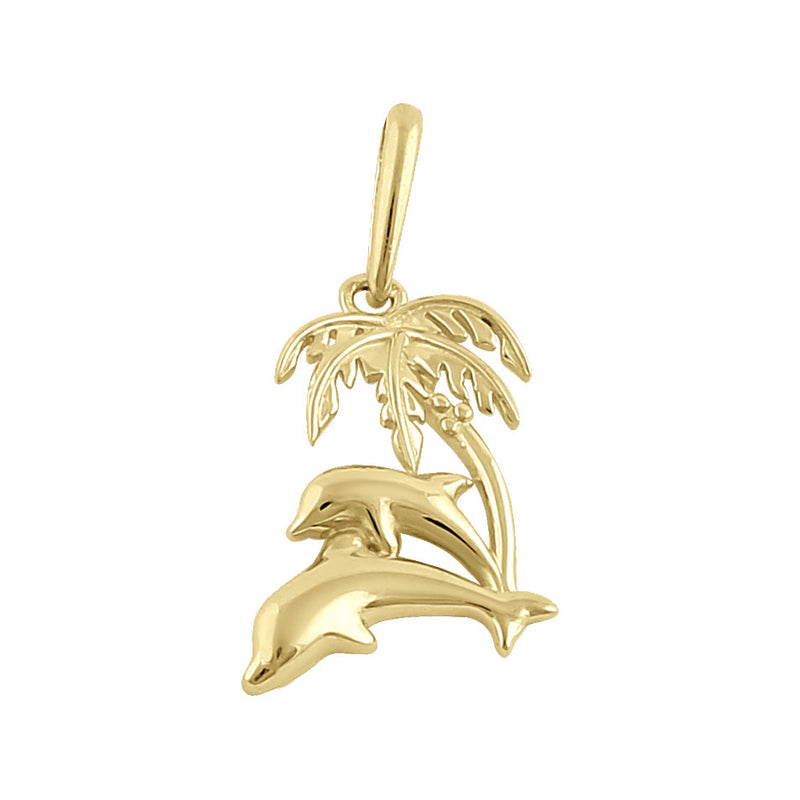 Solid 14K Yellow Gold Palm Tree and Dolphin Pendant