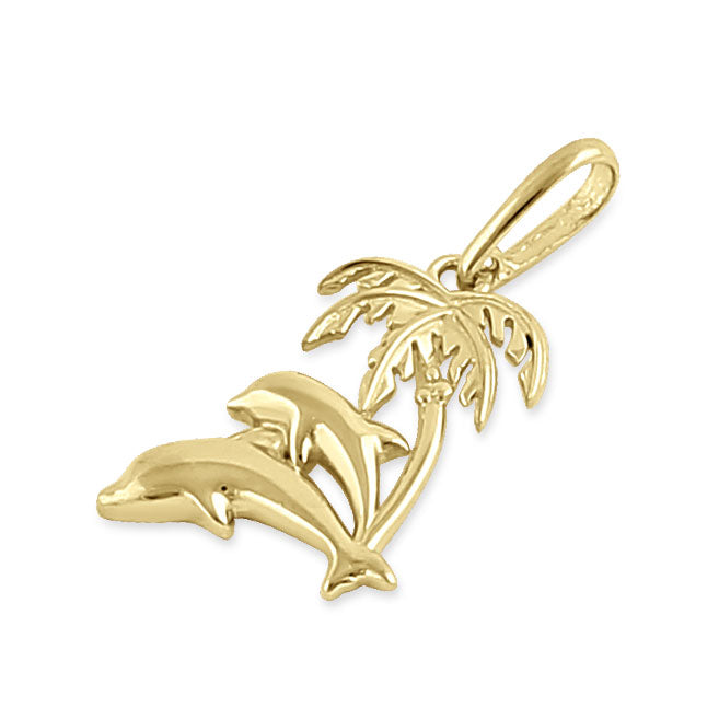 Solid 14K Yellow Gold Palm Tree and Dolphin Pendant