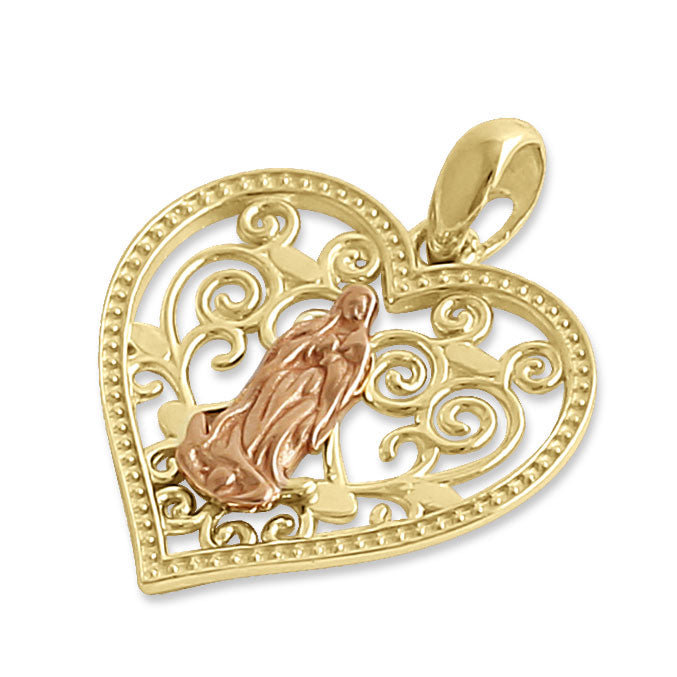 Solid 14K Gold Virgin Mary Heart Pendant