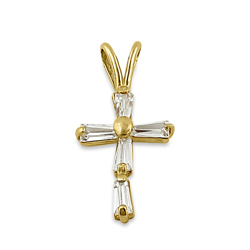 Solid 14K Yellow Gold Clear Baguette Straight Clear CZ Cross Pendant