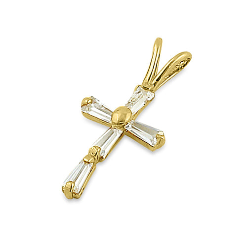 Solid 14K Yellow Gold Clear Baguette Straight Clear CZ Cross Pendant