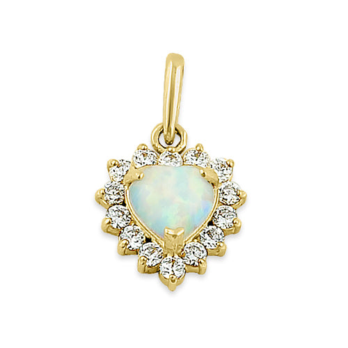 Solid 14K Yellow Gold White Opal & Clear CZ Halo Heart Pendant