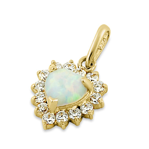Solid 14K Yellow Gold White Opal & Clear CZ Halo Heart Pendant