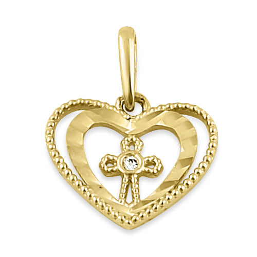 Solid 14K Yellow Gold Double Heart Cross with Clear CZ Pendant