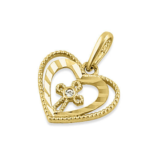 Solid 14K Yellow Gold Double Heart Cross with Clear CZ Pendant