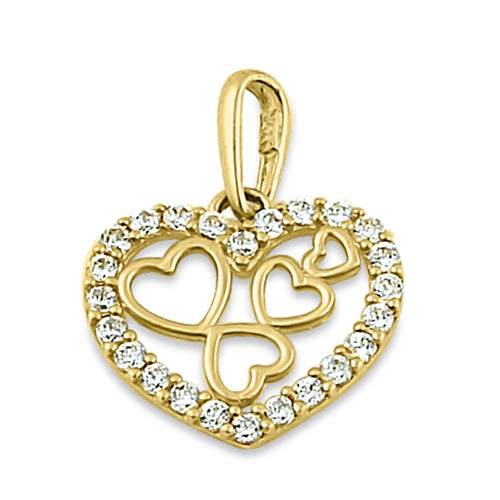 Solid 14K Yellow Gold Quintuple Clear CZ Heart Pendant