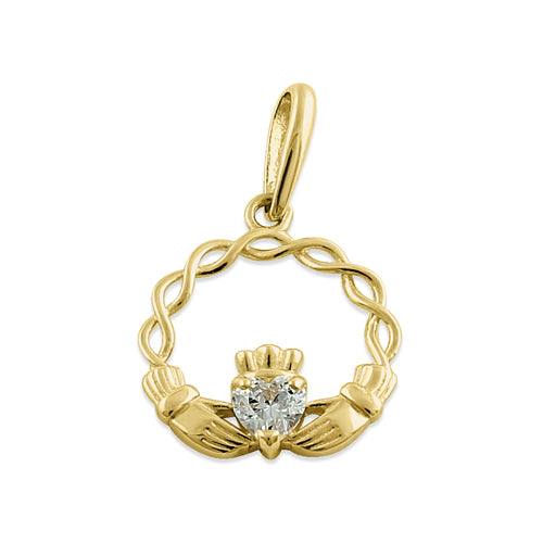 Solid 14K Yellow Gold Claddagh CZ Pendant