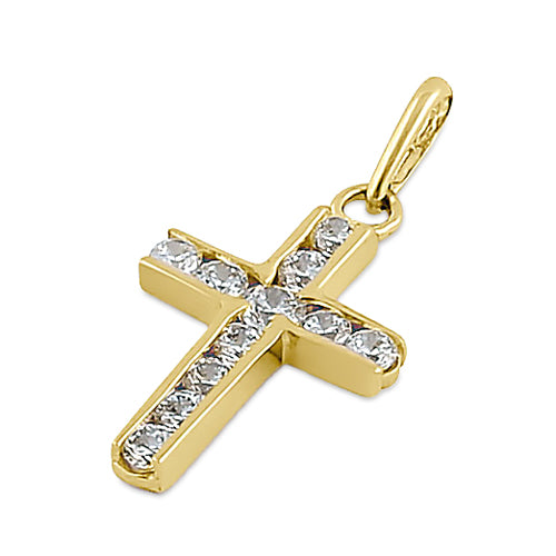 Solid 14K Yellow Gold Clear CZ Cross Pendant