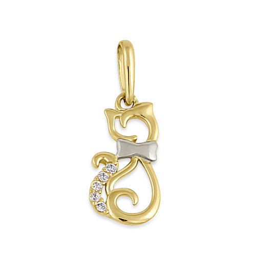 Solid 14K Yellow Gold CZ Cat Pendant