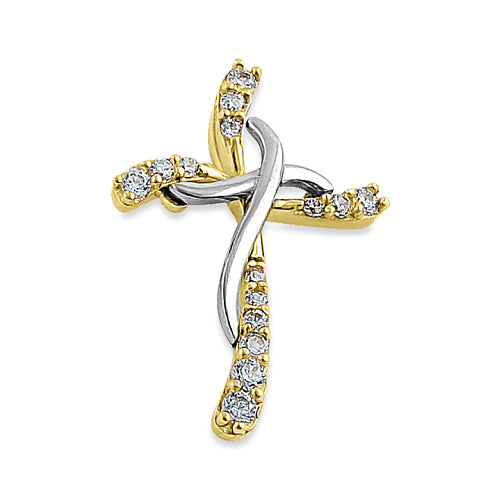 Solid 14K Yellow & White Gold Blessed Cross Round CZ Pendant