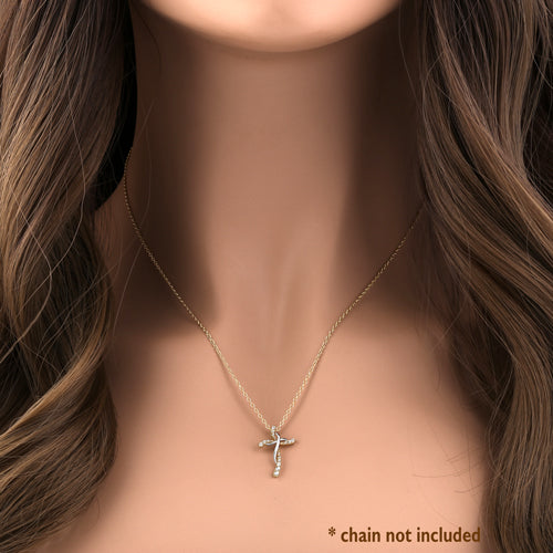 Solid 14K Yellow & White Gold Blessed Cross Round CZ Pendant