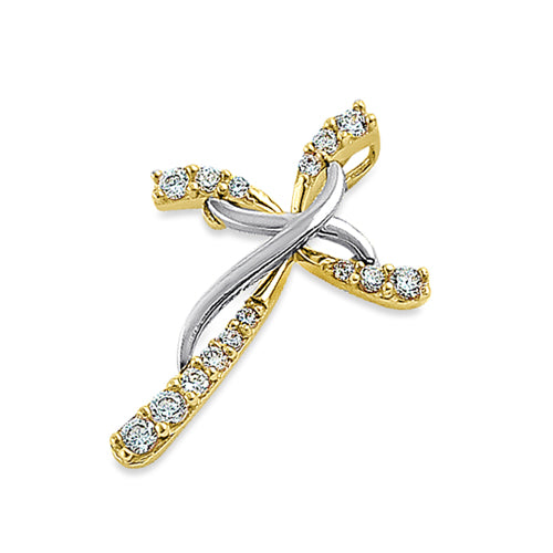 Solid 14K Yellow & White Gold Blessed Cross Round CZ Pendant