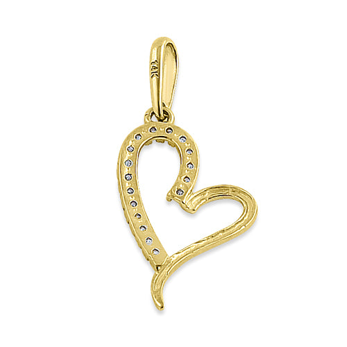 Solid 14K Yellow Gold Curvy Heart Round CZ Pendant