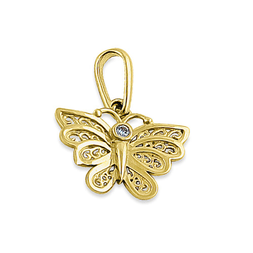 Solid 14K Yellow Gold Orchid Butterfly Round CZ Pendant