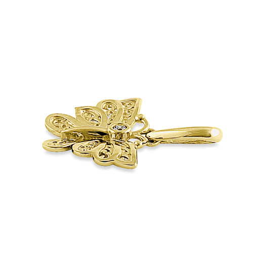 Solid 14K Yellow Gold Orchid Butterfly Round CZ Pendant