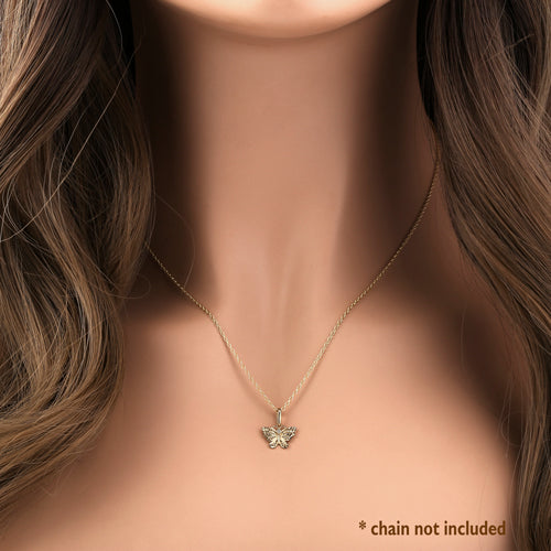 Solid 14K Yellow Gold Orchid Butterfly Round CZ Pendant