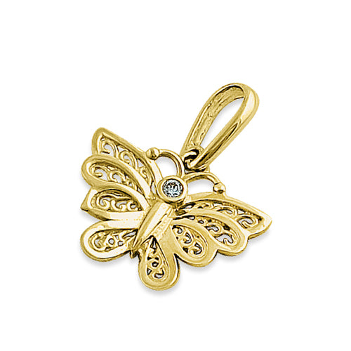 Solid 14K Yellow Gold Orchid Butterfly Round CZ Pendant