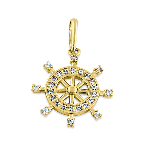 Solid 14K Yellow Gold Ship's Wheel CZ Pendant