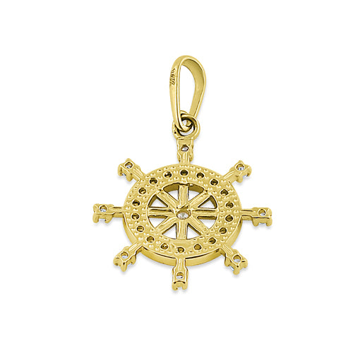 Solid 14K Yellow Gold Ship's Wheel CZ Pendant