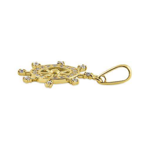 Solid 14K Yellow Gold Ship's Wheel CZ Pendant