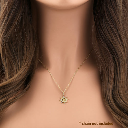 Solid 14K Yellow Gold Ship's Wheel CZ Pendant