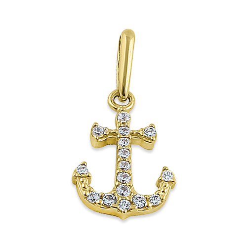 Solid 14K Yellow Gold Anchor CZ Pendant