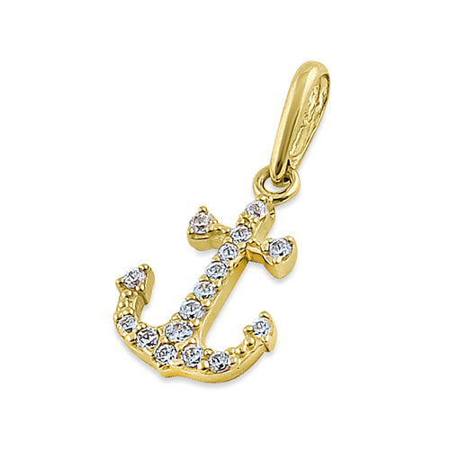 Solid 14K Yellow Gold Anchor CZ Pendant