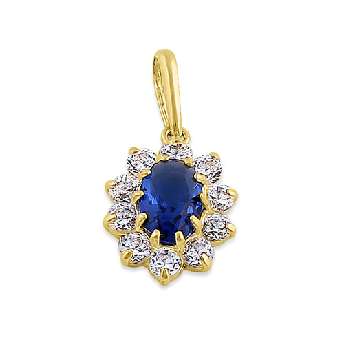 Solid 14K Yellow Gold Oval Blue Sapphire CZ Pendant