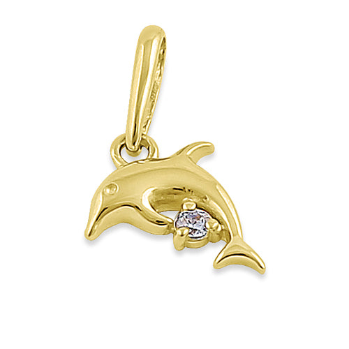 Solid 14K Yellow Gold Leaping Dolphin CZ Pendant
