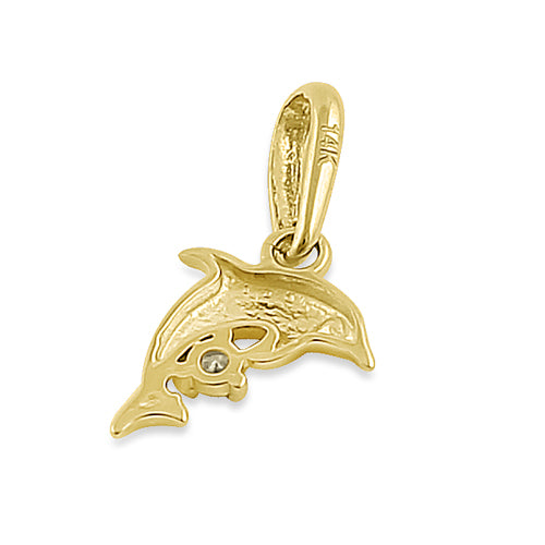 Solid 14K Yellow Gold Leaping Dolphin CZ Pendant