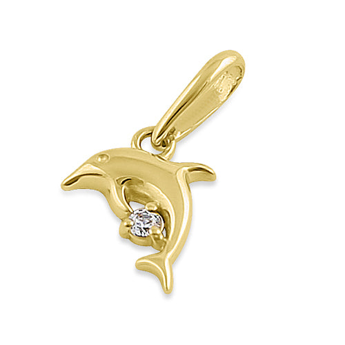 Solid 14K Yellow Gold Leaping Dolphin CZ Pendant