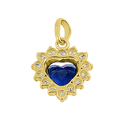 Solid 14K Yellow Gold Heart Halo Blue Sapphire CZ Pendant