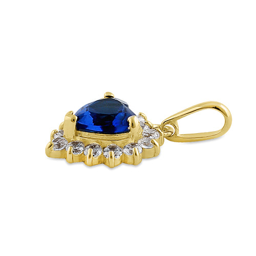 Solid 14K Yellow Gold Heart Halo Blue Sapphire CZ Pendant