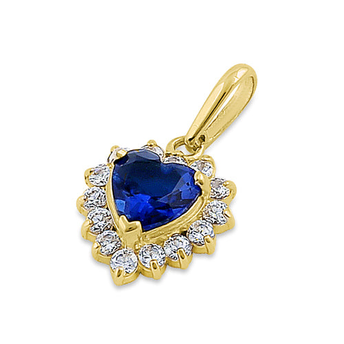 Solid 14K Yellow Gold Heart Halo Blue Sapphire CZ Pendant