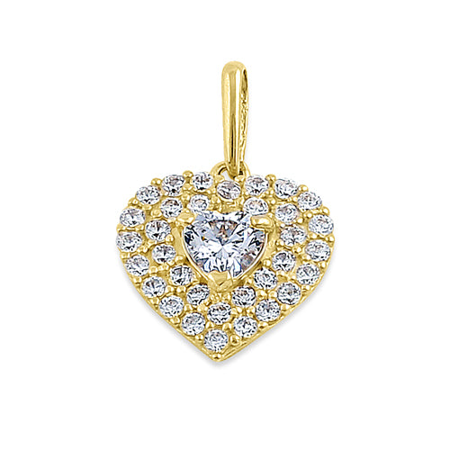 Solid 14K Yellow Gold Inner Heart Pave CZ Pendant