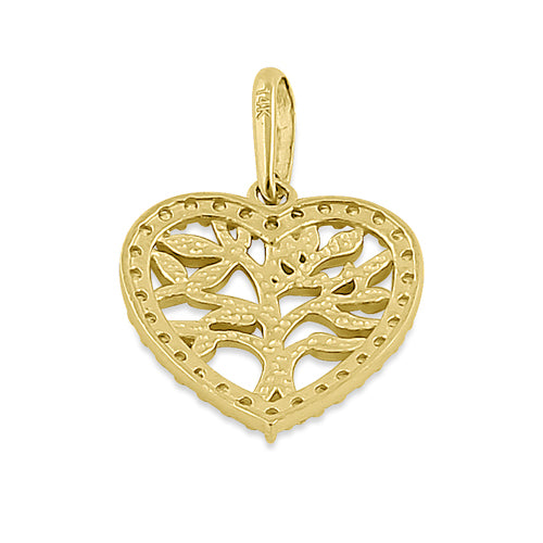 Solid 14K Yellow Gold Heart Tree of Life CZ Pendant