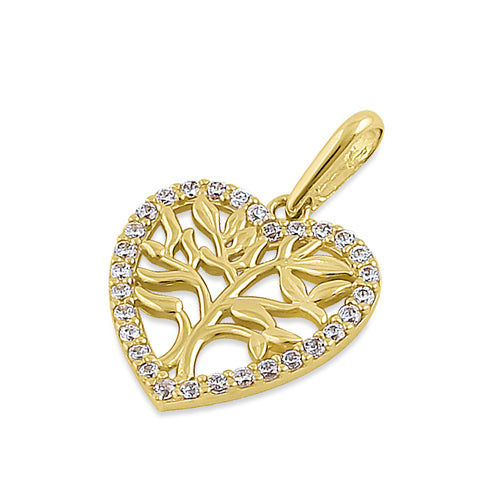 Solid 14K Yellow Gold Heart Tree of Life CZ Pendant