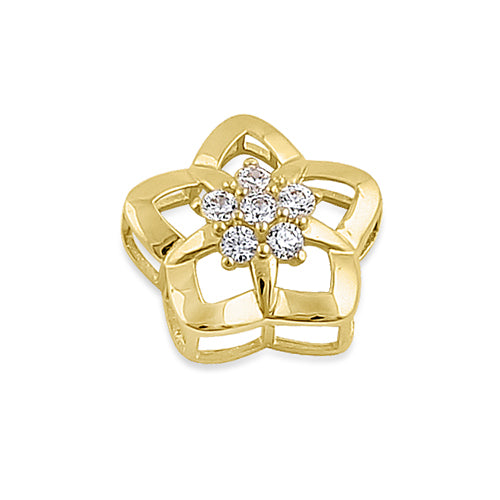 Solid 14K Yellow Gold Puffy Flower Star CZ Pendant