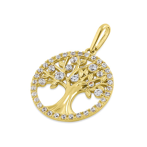 Solid 14K Yellow Gold Glitzy Tree of Life CZ Pendant