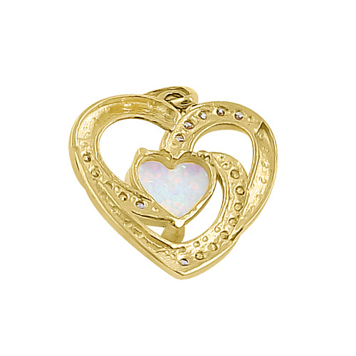 Solid 14K Yellow Gold Heart White Lab Opal CZ Pendant