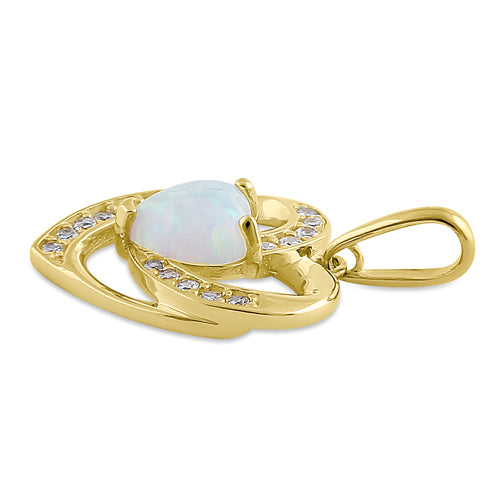 Solid 14K Yellow Gold Heart White Lab Opal CZ Pendant