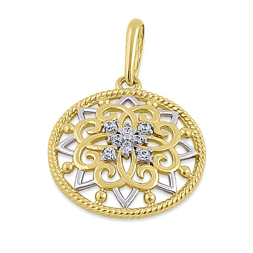Solid 14K Yellow Gold Ornate Flower Shield CZ Pendant