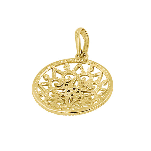 Solid 14K Yellow Gold Ornate Flower Shield CZ Pendant